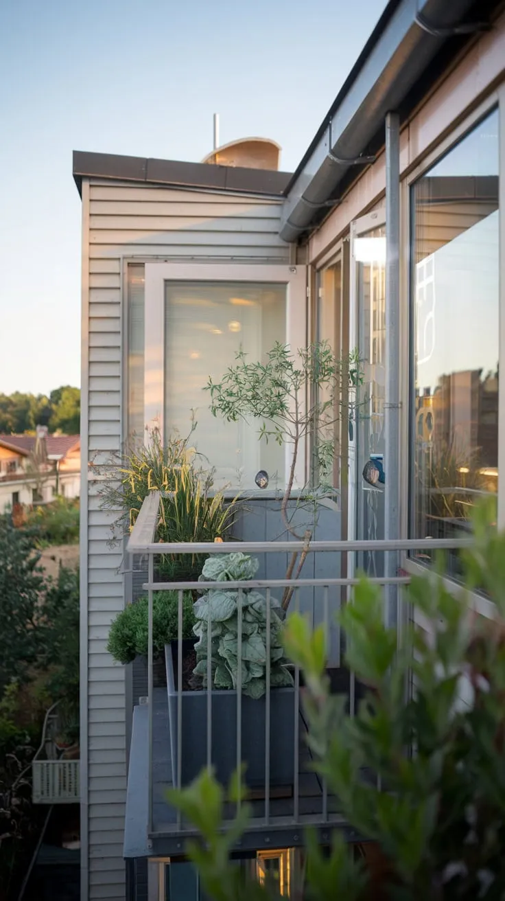 Embrace tranquility on your stylish balcony, where vibrant greenery meets cozy ambiance against a breathtaking backdrop