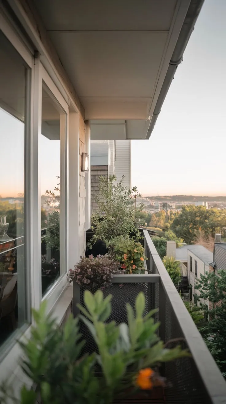 From your high vantage point, soft light bathes your small balcony's greenery as a stunning cityscape unfolds below