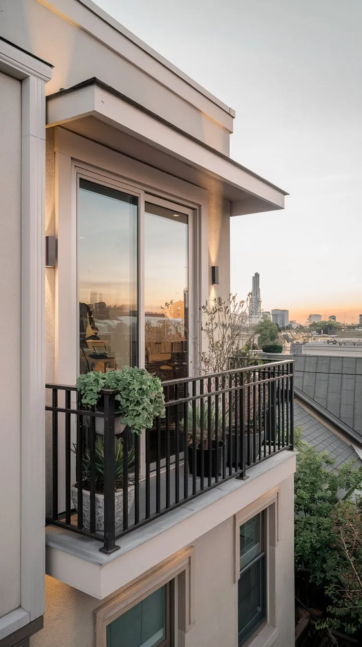 High above, you see a stylish home bathed in soft light, its tiny balcony a green oasis overlooking the sprawling cityscape