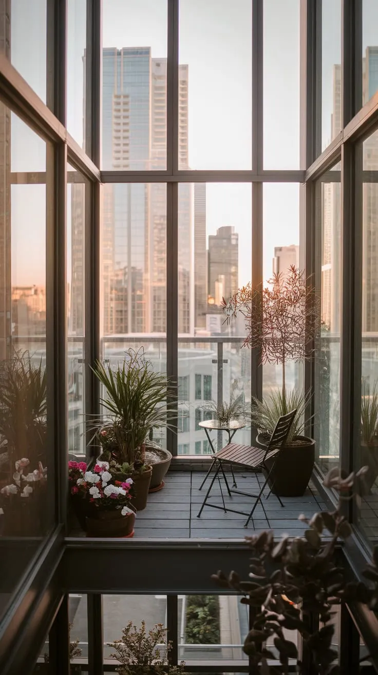Your cozy balcony, brimming with potted plants and city views, is a tranquil oasis high above the bustling streets