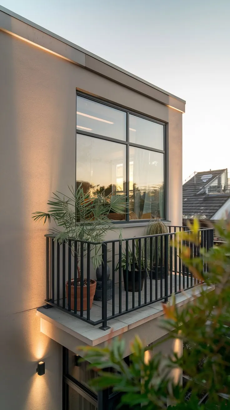 High above, a tranquil balcony scene unfolds: potted plants bathed in soft light, a panoramic vista visible through a wide window