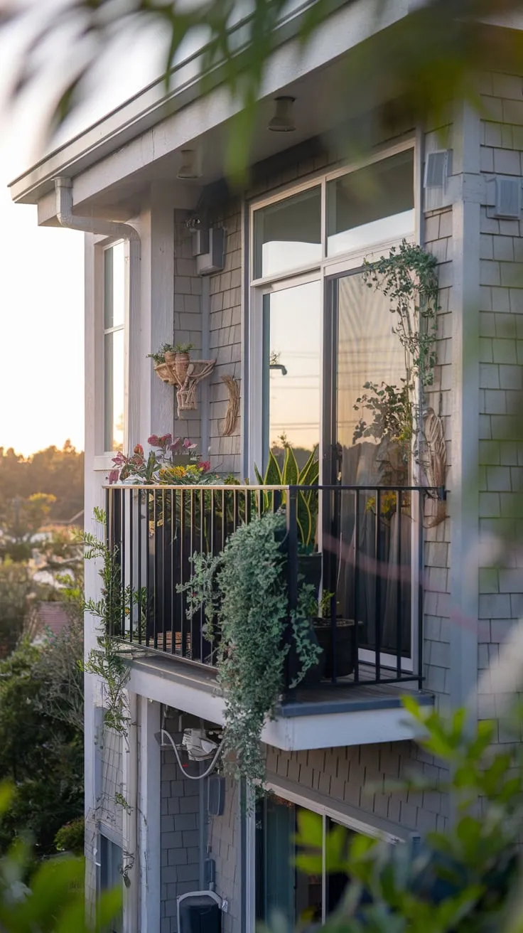 A serene balcony, brimming with greenery, overlooks a captivating vista from your home's high vantage point
