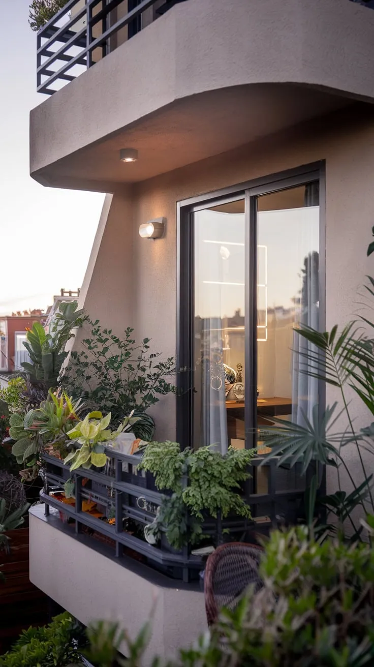 You admire the captivating city view from a plant-filled balcony of a uniquely designed building, bathed in soft light