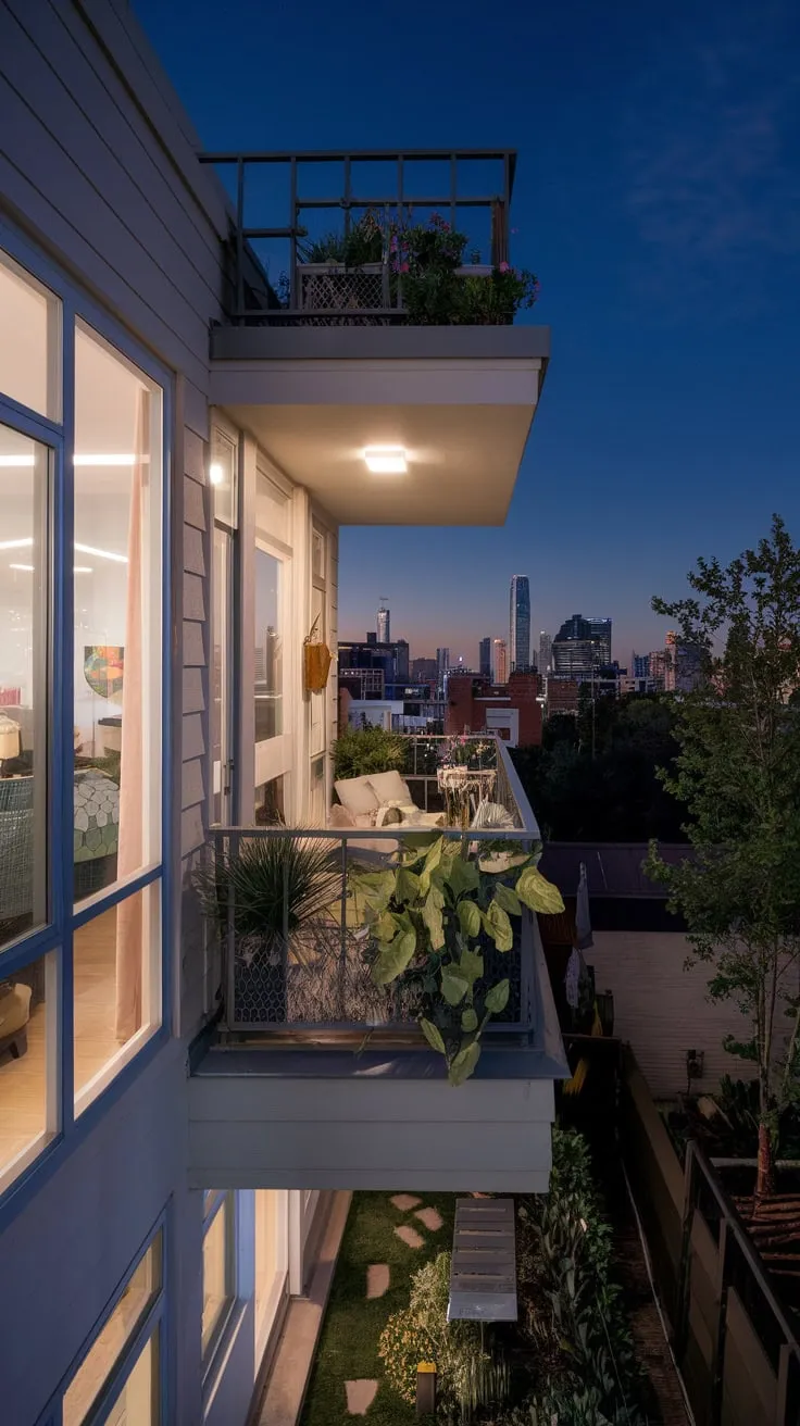 From your apartment balcony, the city lights twinkle below, softly illuminating your stylish home and its vibrant greenery