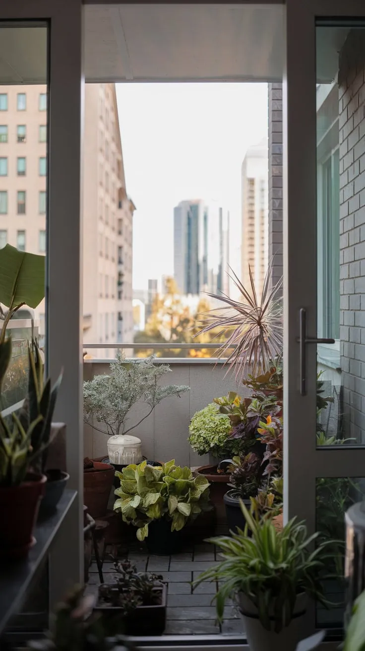 From your apartment's balcony, a tapestry of city lights stretches before you, softened by the glow illuminating your thriving collection of potted plants