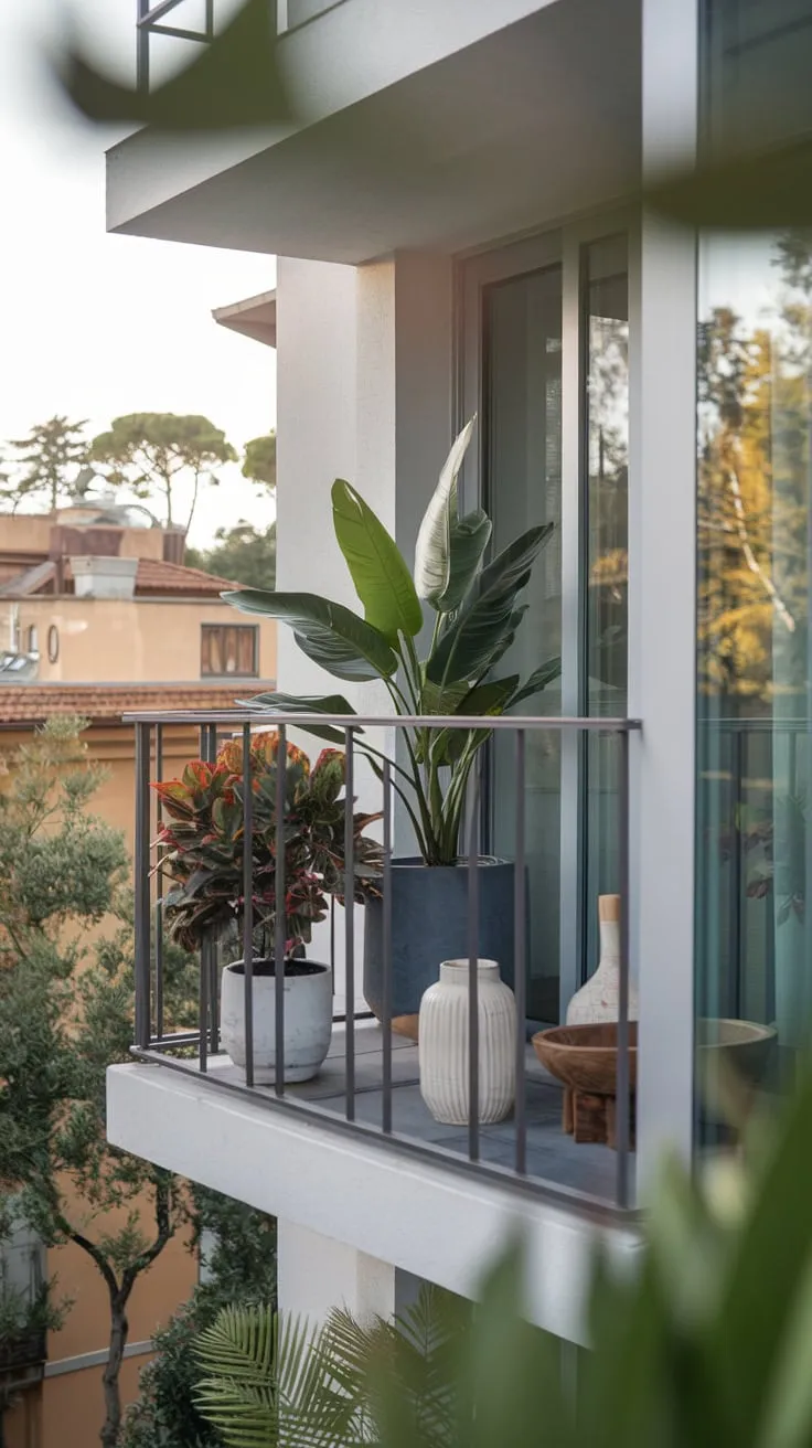 From your high vantage point, lush potted plants and charming décor brighten your small balcony, the cityscape a tranquil backdrop