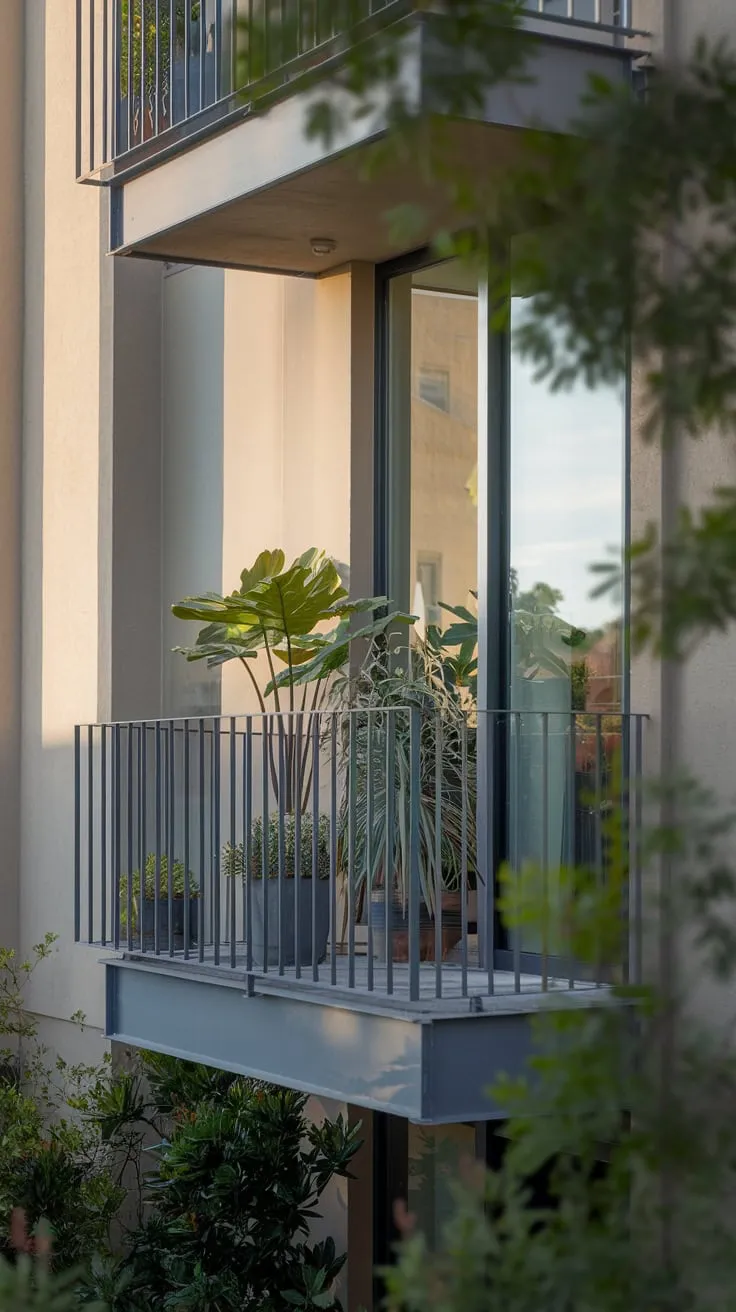 Above, you see your apartment's small balcony, a tranquil oasis of plants and stunning vista, bathed in gentle light