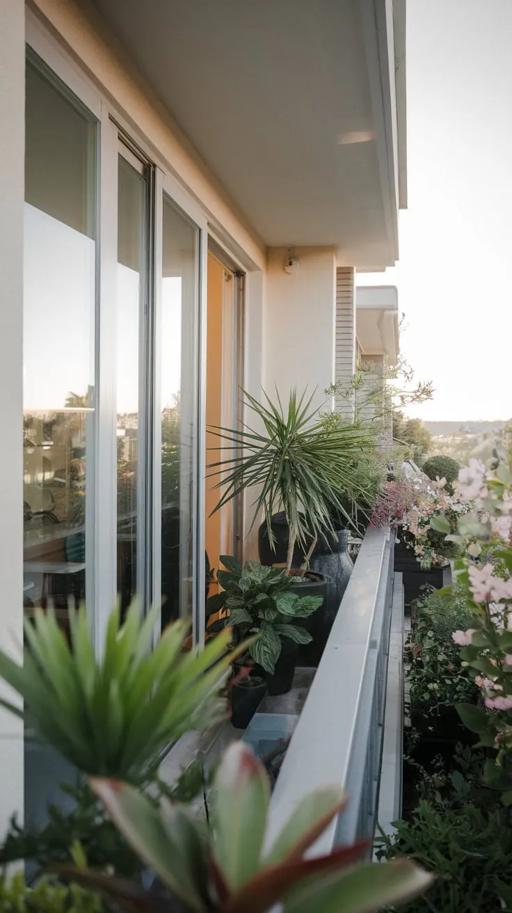 A breathtaking city panorama unfolds behind a profusion of potted plants adorning your compact balcony, captured in soft light from above