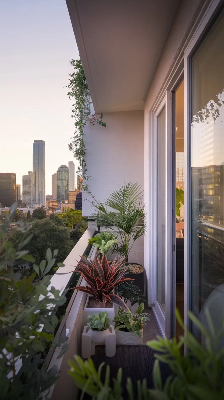 High above the city, your plant-filled balcony offers a breathtaking view, a peaceful sanctuary amidst the urban glow