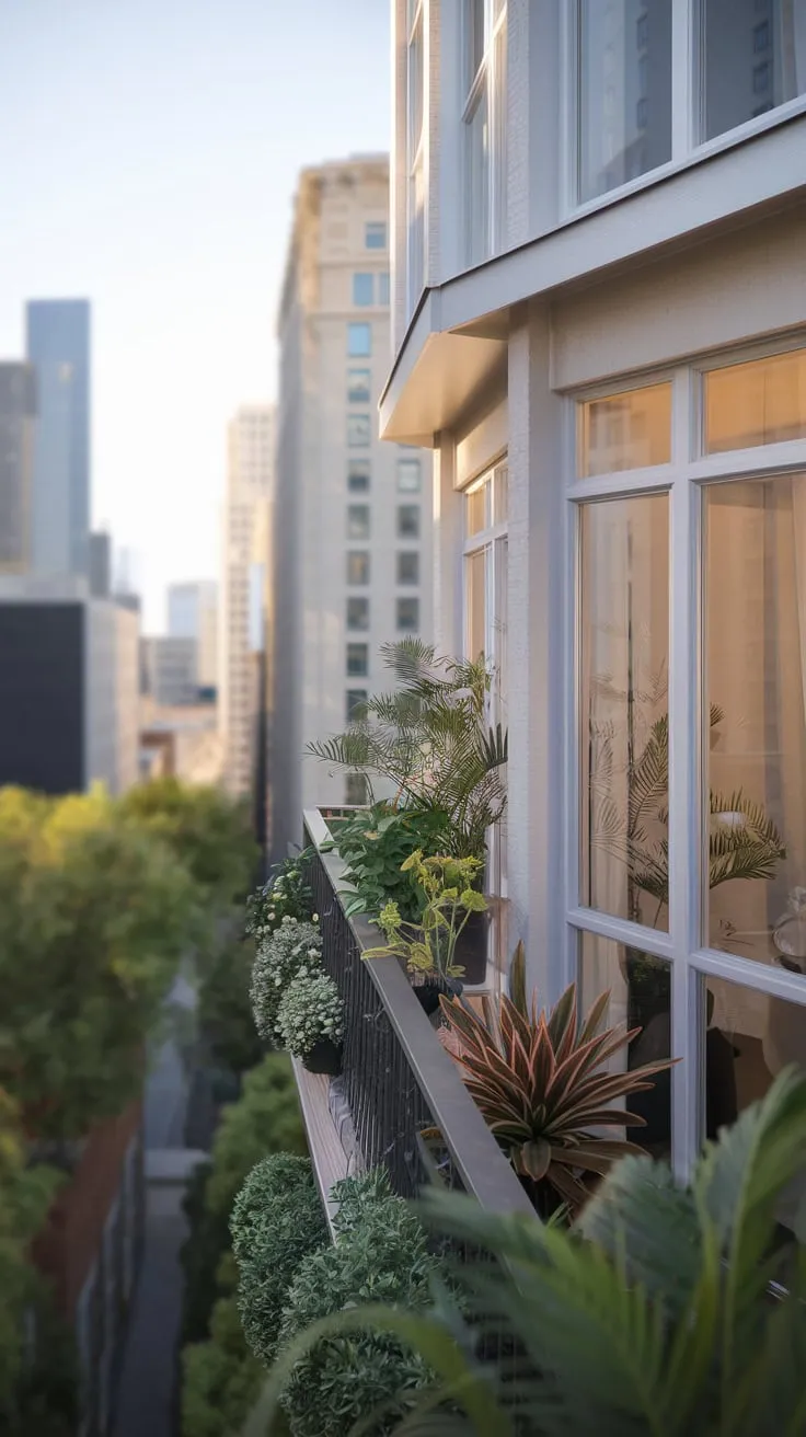 Your apartment's well-lit exterior overlooks a captivating, softly blurred cityscape, visible from the charming plant-filled balcony