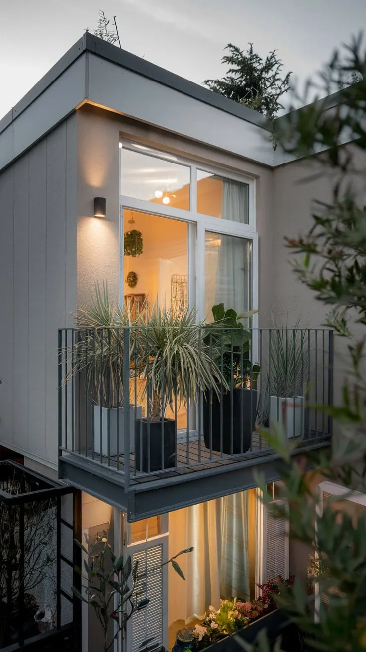 From above, you see soft lights illuminating a small, plant-filled balcony overlooking a beautiful view from a sleek home