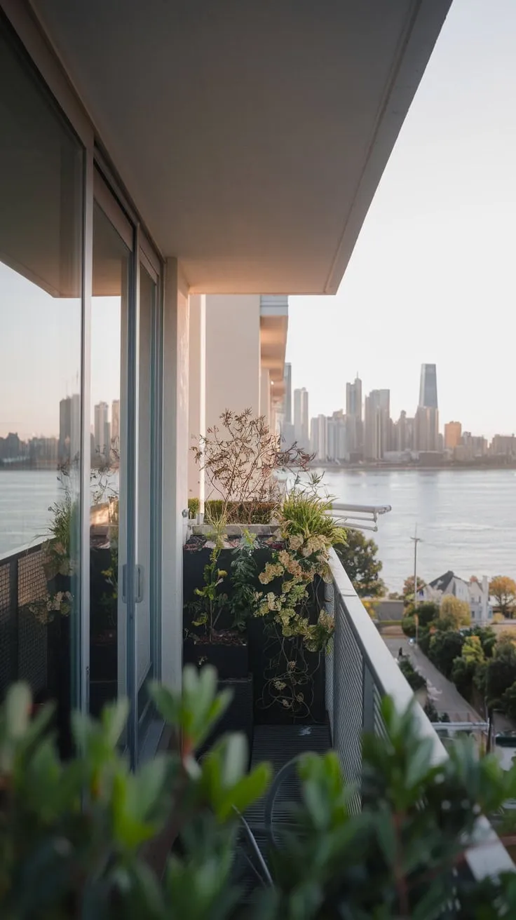 Your small balcony, alive with greenery, offers a panoramic view of the city and a tranquil body of water below