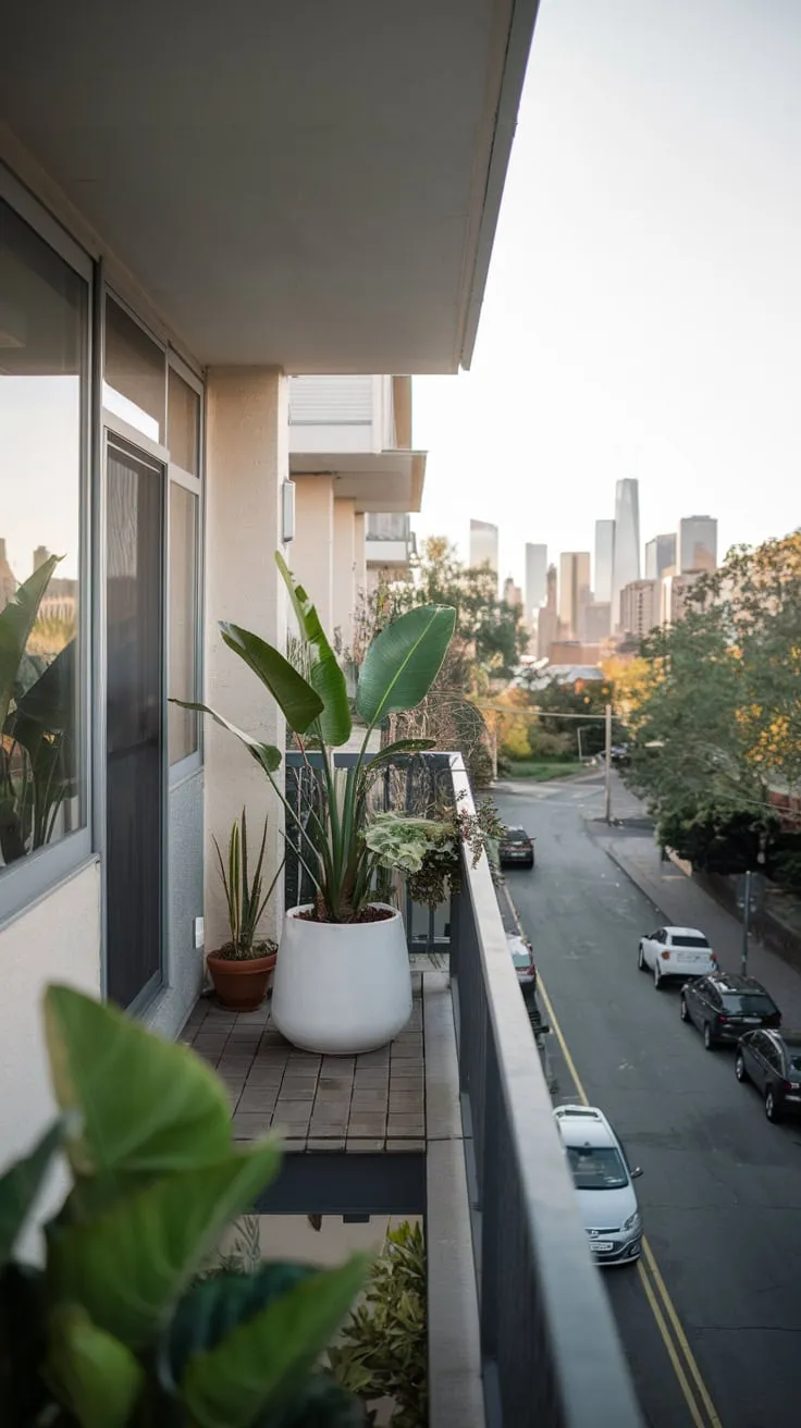 From your apartment balcony, a vibrant collection of plants frames a stunning view of the cityscape beyond the street