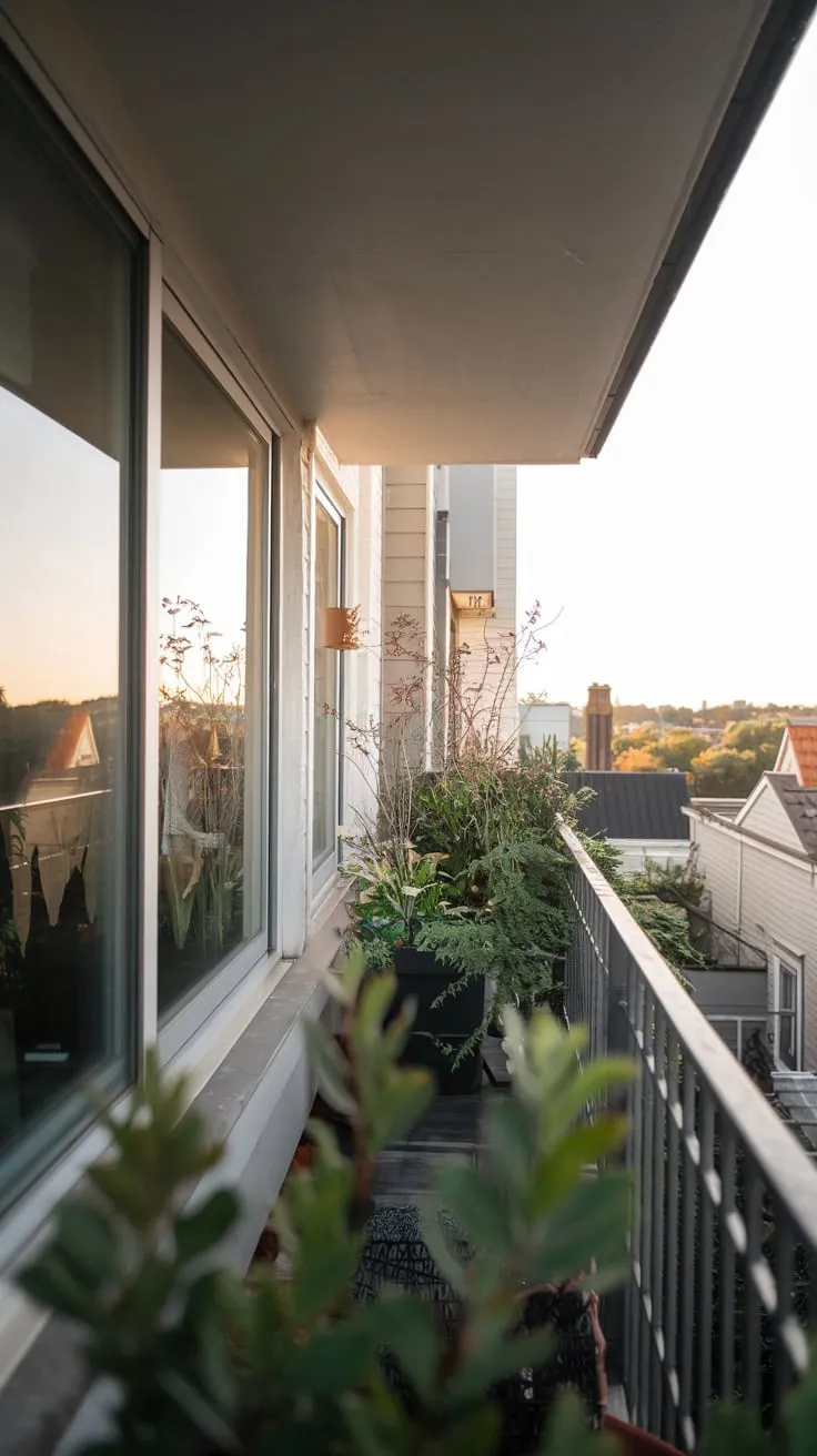 From above, soft light bathes your apartment's small balcony, brimming with plants and a captivating city view