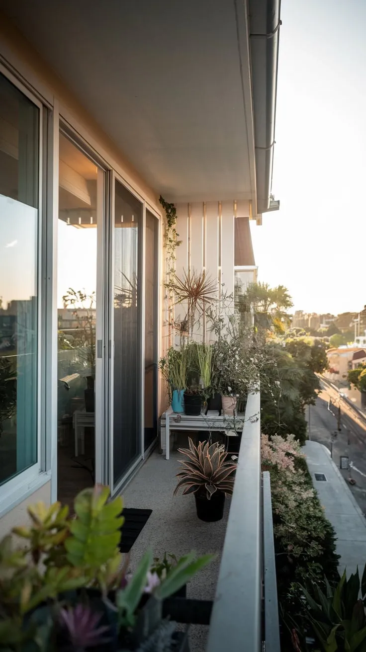A high-angle shot reveals a stylish home's balcony, lush with greenery, and framed by a breathtaking cityscape bathed in gentle light