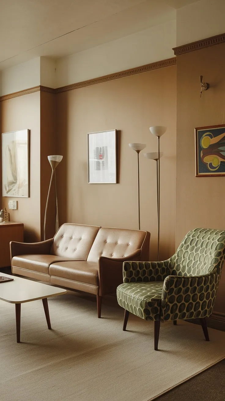 A charming example of small space interior design, this 70s living room embodies the spirit of mid-century modern style. The beige walls and rug create a warm backdrop for the retro living room furniture, including a beige sofa and a vibrant green armchair. This small apartment living room is a testament to the enduring appeal of 1970s interior design.