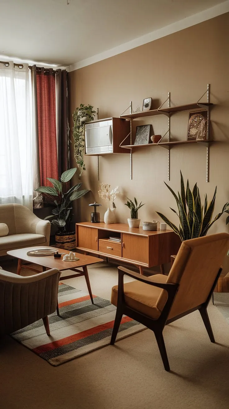 Cozy 70s vibes in this small apartment living room. Mid-century modern furniture makes the most of the small space interior design.