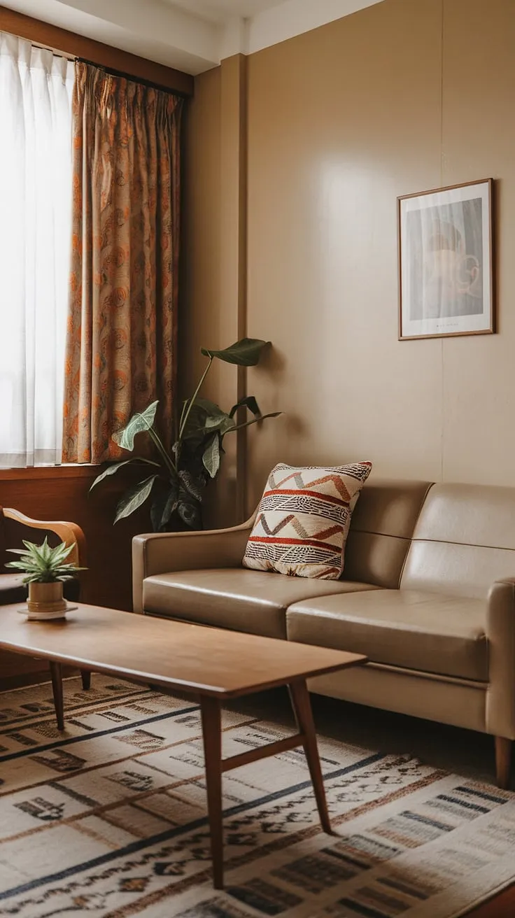 Step back in time in this charming small apartment living room, showcasing a delightful blend of 1970s interior design and mid-century modern style. The retro living room's beige walls and patterned rug create a cozy atmosphere, while the wooden coffee table and green plant add a touch of nature to this 70s living room. This small space interior design proves that big style doesn't require a big space.