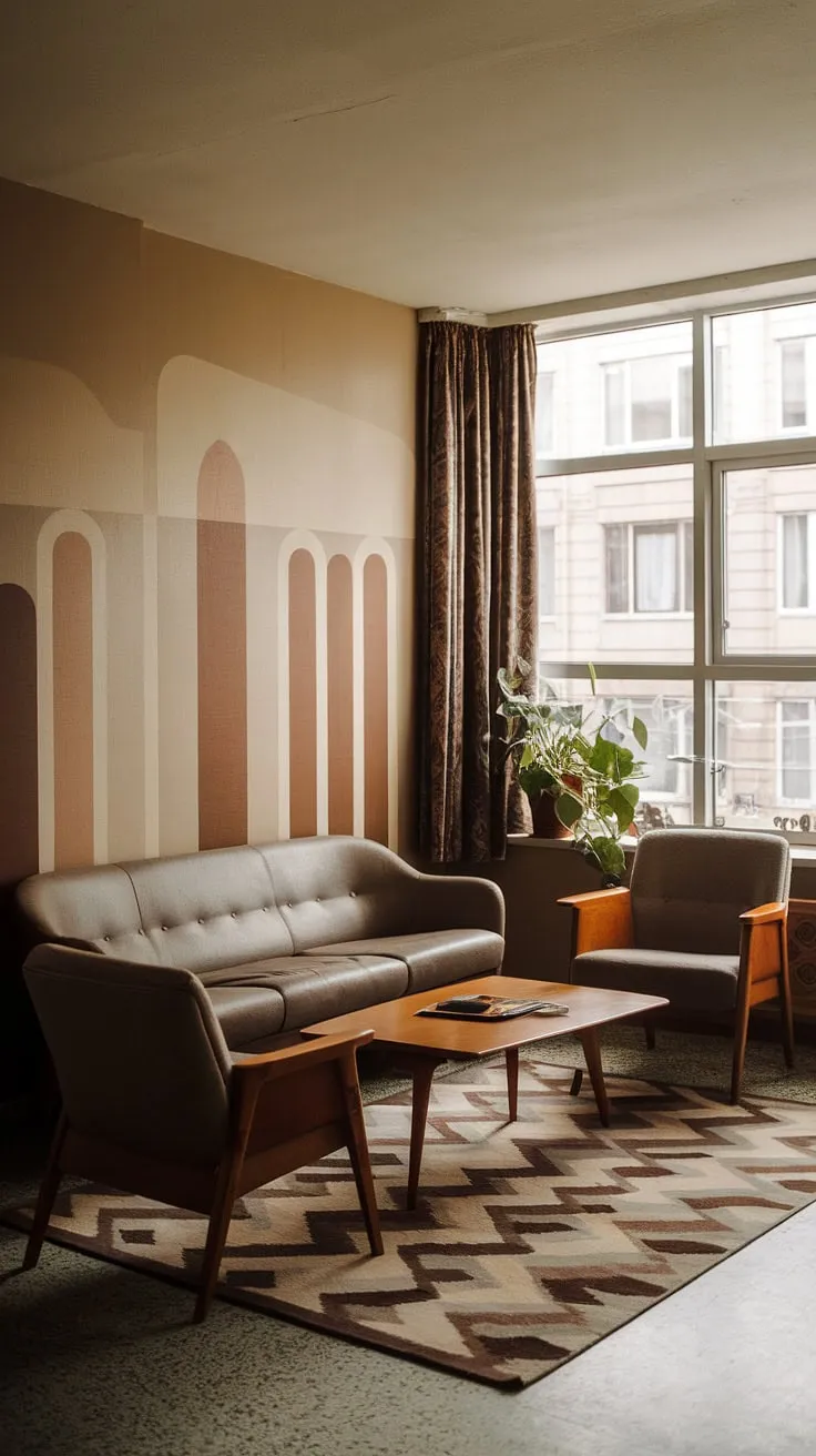 Retro living room vibes in this small apartment living room. A masterclass in 1970s interior design and small space interior design, this mid-century modern living room proves that big style doesn't need a big space.