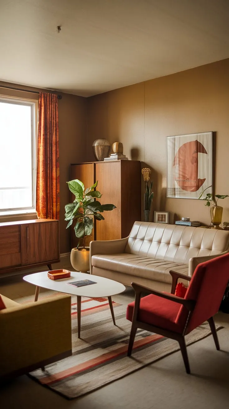 Step back in time to this charming small apartment living room, a perfect example of 1970s interior design. The mid-century modern living room boasts a retro vibe with its beige sofa, vibrant red armchair, and white coffee table, all nestled within a small space interior design that maximizes comfort and style. A touch of greenery near the window completes the 70s living room aesthetic.