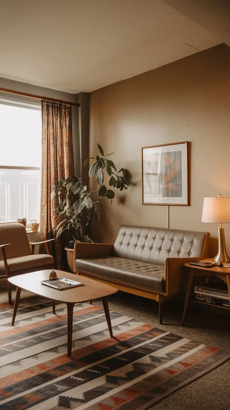 Step back in time to this charming small apartment living room, showcasing a delightful 1970s interior design. The mid-century modern furniture, including a warm wood coffee table and comfortable sofa, creates a cozy retro living room atmosphere perfect for small space interior design. A touch of greenery adds life to this 70s living room.