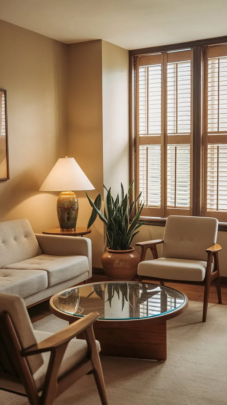 This small apartment living room embodies the spirit of a 70s living room, with its mid-century modern furniture and warm beige tones. The retro living room feels surprisingly spacious thanks to thoughtful small space interior design. Note the wooden shutters and a touch of greenery adding life to this perfectly preserved 1970s interior design.