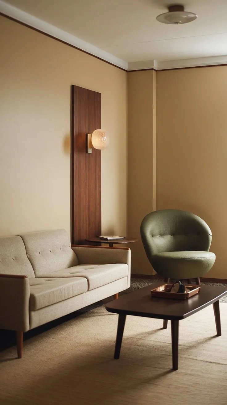 This small apartment living room is a testament to the enduring appeal of 70s living room style. The mid-century modern furniture, including the beige sofa and round green chair, sits comfortably within the small space interior design, creating a retro living room that's both stylish and functional. The warm beige walls and rug complete the 1970s interior design perfectly.