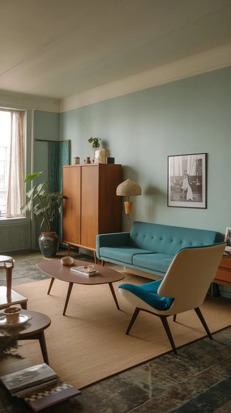 Step back in time to this charming 70s living room in a small apartment. The mid-century modern aesthetic shines through with a teal sofa, white accent chair, and a brown coffee table, all perfectly arranged within this small space interior design. The light blue walls and beige rug create a calming backdrop for the retro vibe.