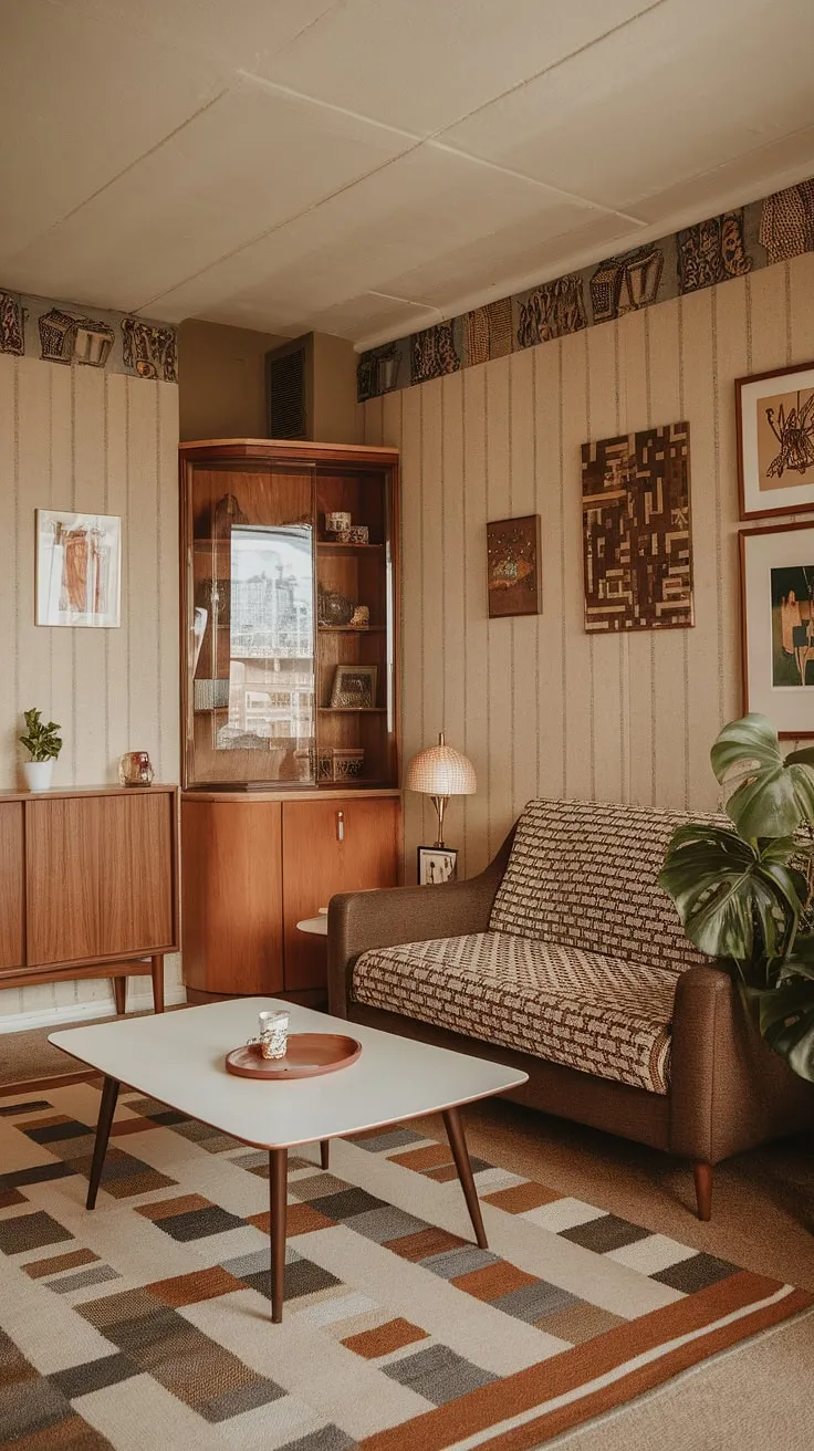 This small apartment living room embodies the best of 70s living room style. The mid-century modern furniture, including the brown sofa and wooden cabinet, is complemented by a vibrant green plant and patterned rug. Beige walls and carefully chosen artwork complete the retro living room look, a testament to thoughtful small space interior design in a 1970s interior design context.