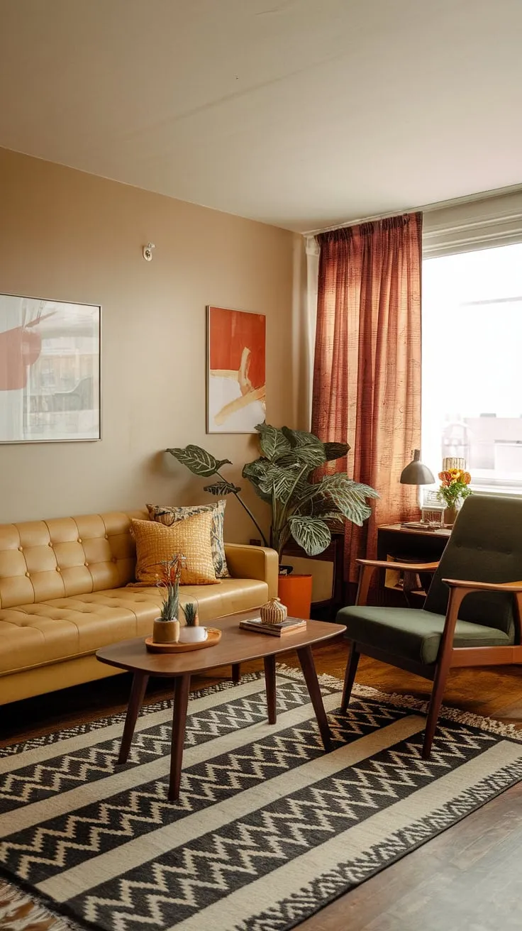 This 70s living room in a small apartment is a masterclass in mid-century modern living room design. The retro touch is undeniable, from the cheerful yellow sofa to the carefully chosen accessories. This small space interior design demonstrates how a thoughtful approach can transform a compact area into a stylish and inviting haven, showcasing the best of 1970s interior design.
