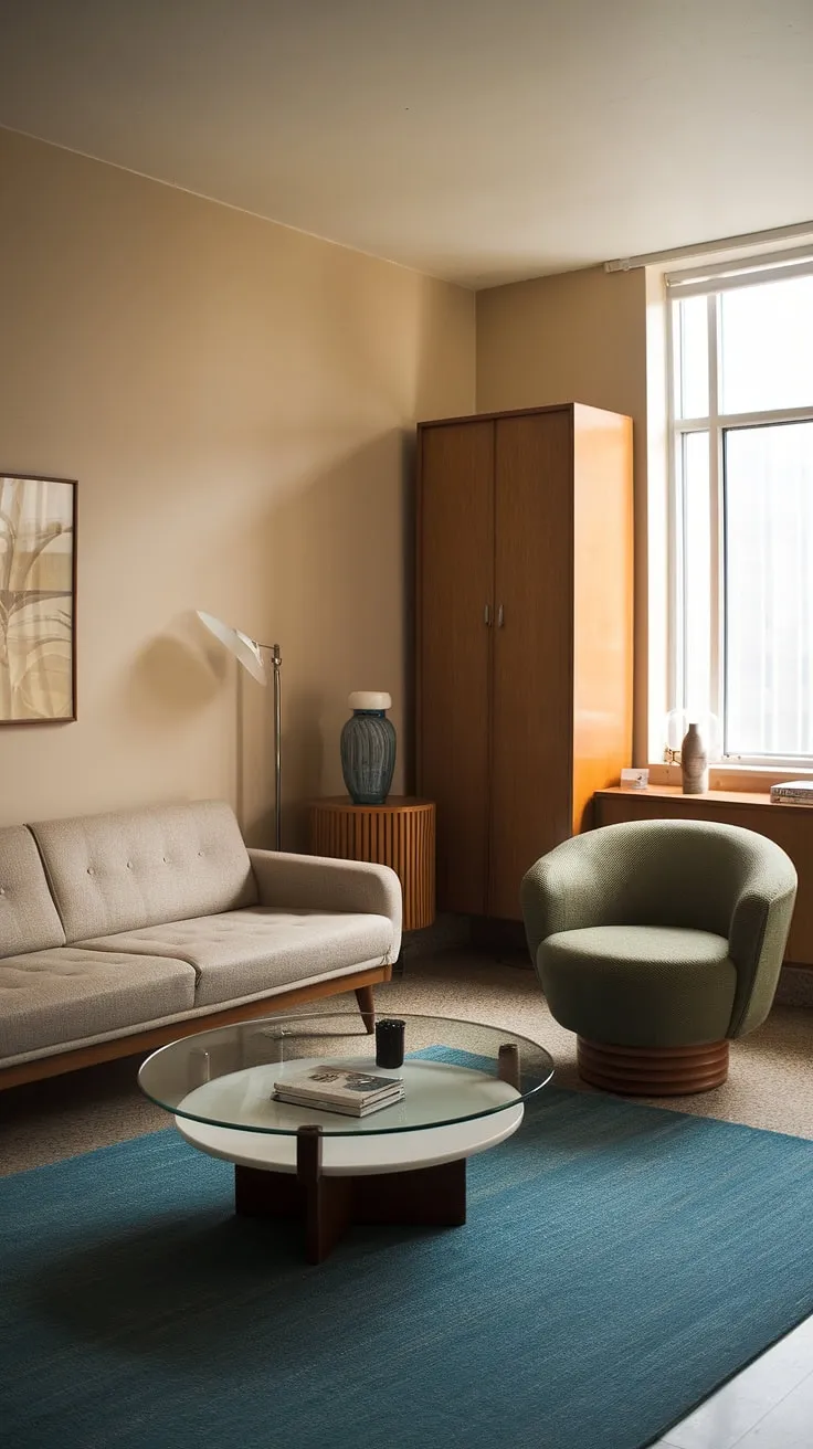 A cozy and stylish 70s living room in a small apartment. This mid-century modern living room boasts a retro vibe with its beige sofa, green accent chair, and glass-topped coffee table. The small space interior design is expertly executed, maximizing comfort and style within a limited area. The overall effect is a wonderfully nostalgic and inviting space, showcasing the best of 1970s interior design.