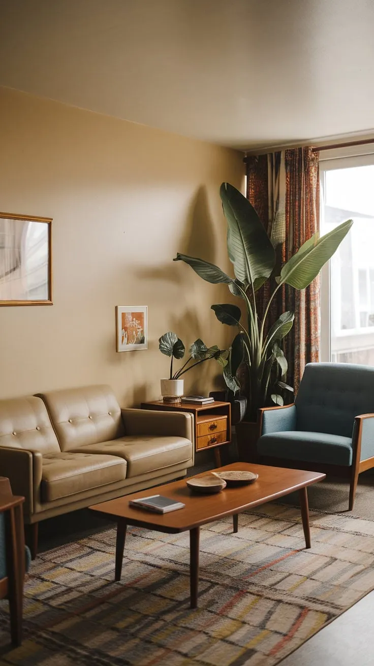 Step back in time to this charming small apartment living room, showcasing a delightful 1970s interior design. The mid-century modern furniture, including a beige sofa and a vibrant blue armchair, creates a retro living room atmosphere perfect for cozy evenings. Clever small space interior design maximizes the space, while a large plant adds a touch of nature to this 70s living room.