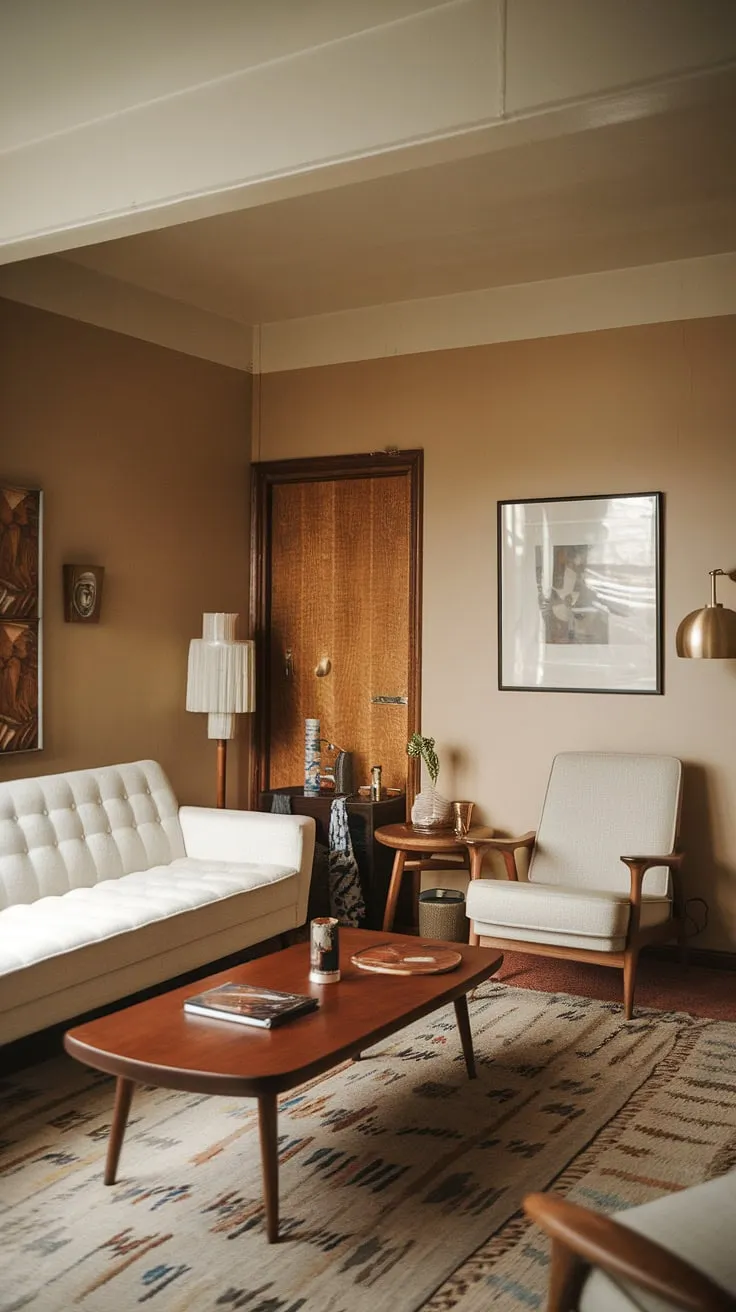 Cozy 70s vibes in this small apartment living room. Mid-century modern style proves small space interior design can be stylish and comfortable. A retro living room done right.