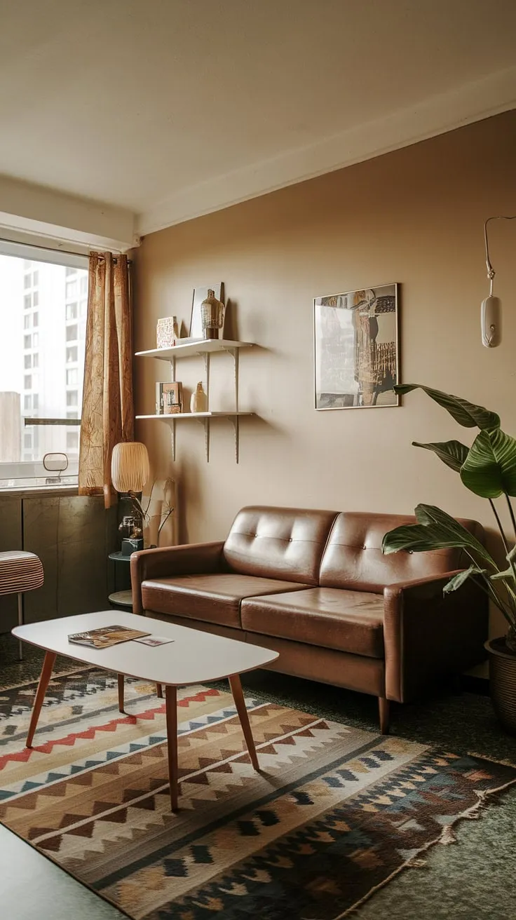 This small apartment living room is a masterclass in 70s living room design. The mid-century modern furniture, including the brown sofa and white coffee table, are perfectly complemented by the warm beige walls and a touch of greenery. This retro living room proves that even small space interior design can be incredibly stylish and evocative of a bygone era.
