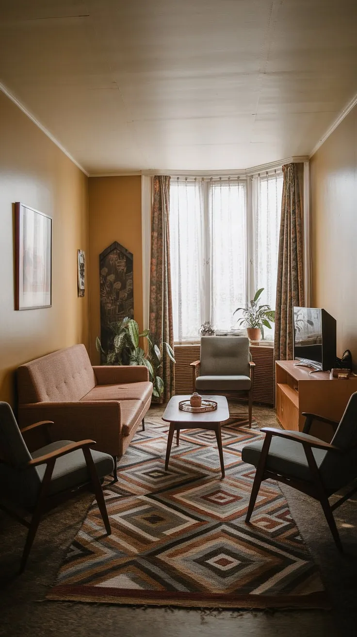 Cozy 70s vibes in this small apartment living room. Mid-century modern meets retro living room charm in a brilliant example of small space interior design.