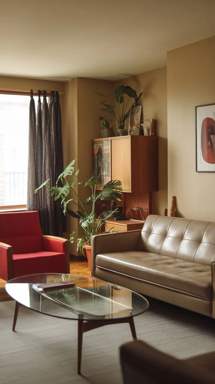 This small apartment living room embodies the spirit of 1970s interior design. The mid-century modern aesthetic shines through in the furniture choices—a beige sofa, a statement red armchair, and a glass coffee table—creating a retro living room that's both stylish and functional. Clever small space interior design maximizes comfort in this 70s living room.