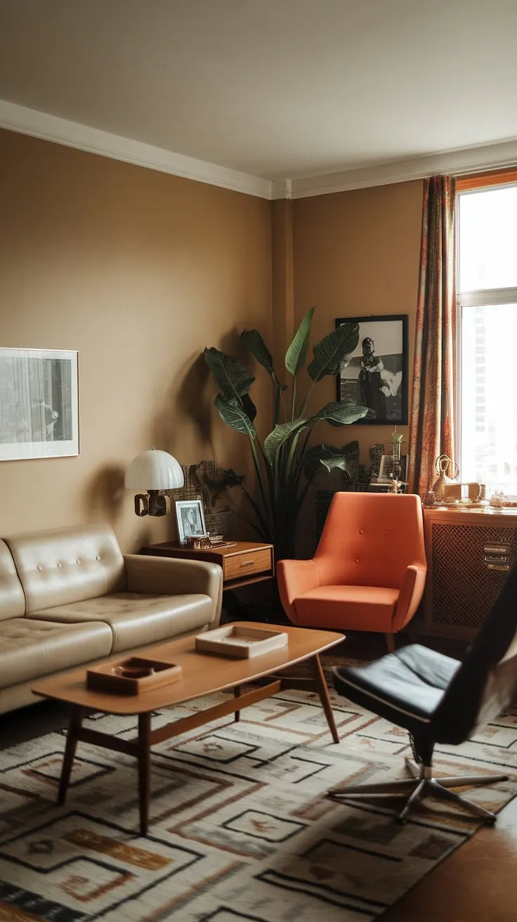 This cozy small apartment living room embodies the best of 1970s interior design. The mid-century modern furniture, a beige sofa and a striking black and orange chair, are perfectly scaled for this small space interior design. Warm beige walls and a patterned rug complete the retro living room aesthetic, while a potted plant adds a touch of nature. A perfect example of a 70s living room done right.