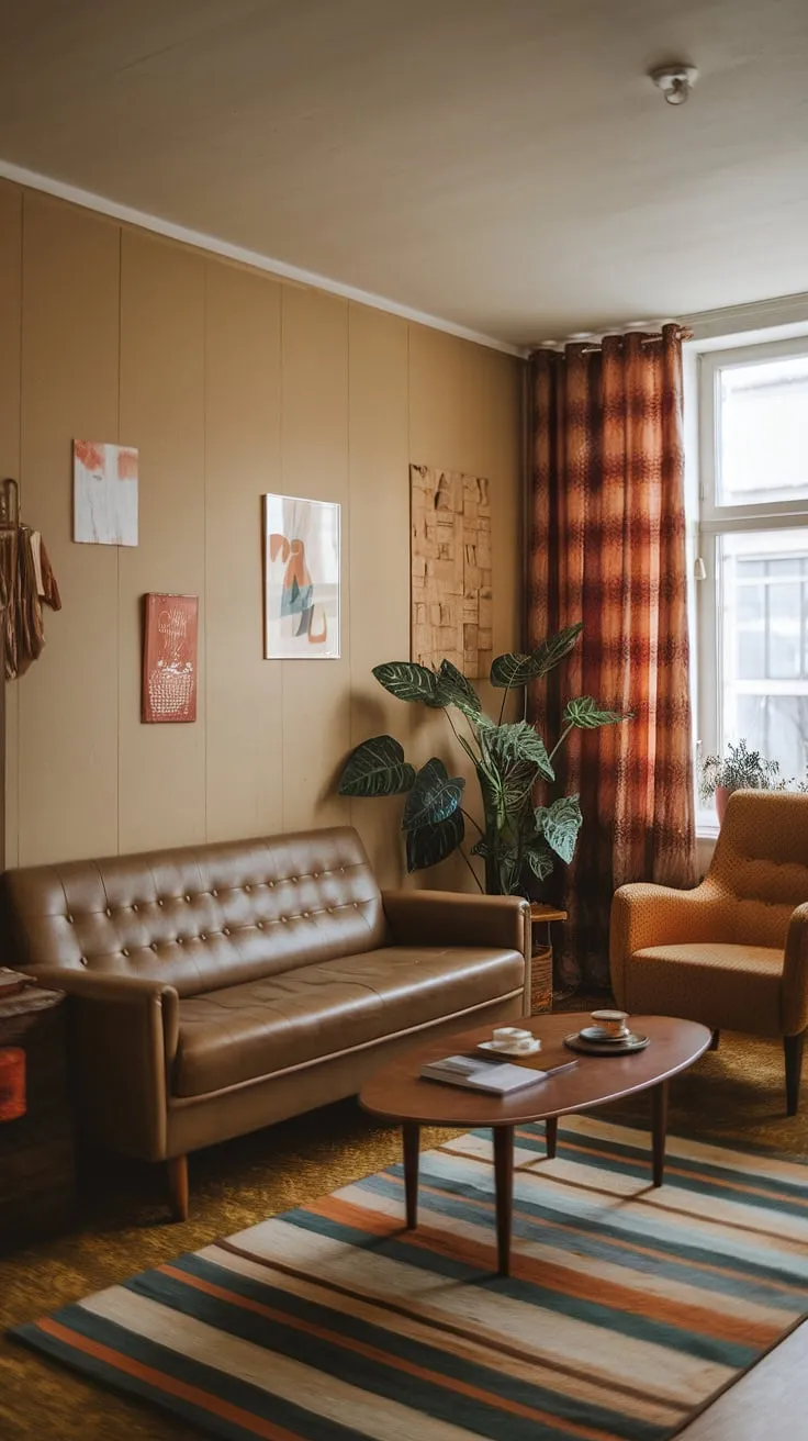 This 70s living room in a small apartment is a masterclass in small space interior design. The mid-century modern aesthetic shines through in the carefully chosen furniture and decor, creating a retro living room with undeniable 1970s interior design appeal. The warm color palette and patterned rug add texture and personality to this cozy space.