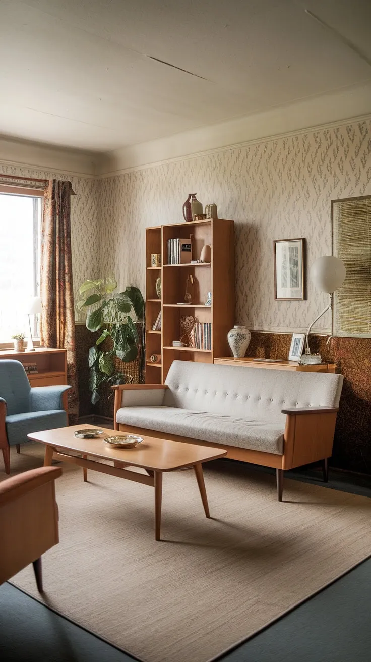 Warmth radiates from this cozy 70s living room, a testament to small apartment living room design. The mid-century modern furniture, light wood tones, and beige palette create a sense of calm within this retro living room. The patterned wallpaper and carefully chosen personal items add character to this small space interior design, showcasing the ingenuity of 1970s interior design.