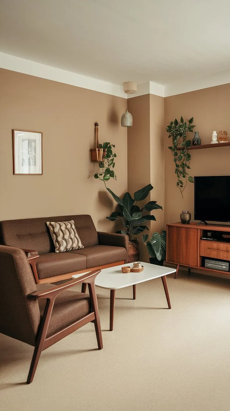 This small apartment living room perfectly embodies the spirit of a 70s living room. The mid-century modern design is evident in the rich brown tones of the sofa and armchair, complemented by a white coffee table and beige walls. This retro living room is a testament to the ingenuity of small space interior design, proving that even a compact space can be stylish and comfortable, reflecting the best of 1970s interior design trends.