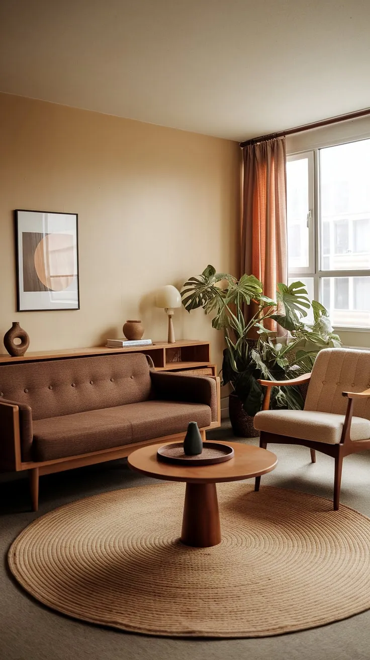 Cozy and functional, this small apartment living room showcases a charming 1970s interior design. The mid-century modern furniture, including the brown sofa and beige armchair, creates a retro living room feel perfect for small space interior design. A warm color palette and carefully chosen decorative pieces complete the 70s living room aesthetic.