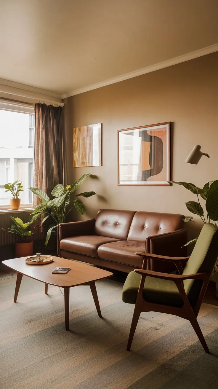 This 70s living room in a small apartment is a masterclass in mid-century modern living room design. The retro vibe is undeniable, with the brown sofa and green chair taking center stage against the neutral backdrop. This small space interior design proves that even a small apartment can boast big style, showcasing the best of 1970s interior design.