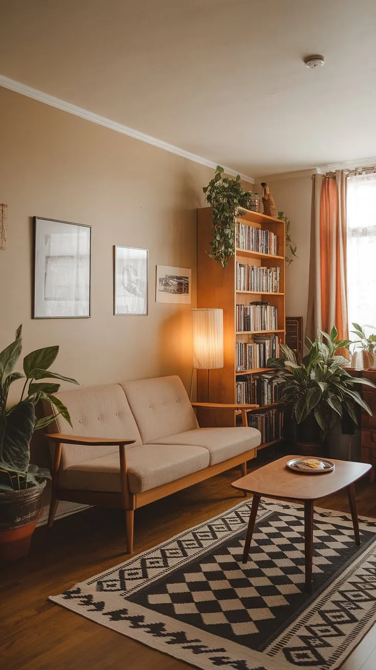 Cozy 70s vibes in this small apartment living room. Mid-century modern meets retro charm in a perfectly curated small space interior design.