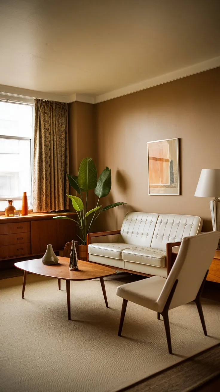 Cozy 70s vibes in this small apartment living room. Mid-century modern furniture makes the most of the small space interior design.