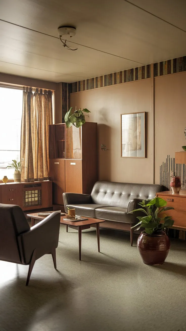 This 70s living room is a charming example of small apartment living room design. The mid-century modern aesthetic shines through in the carefully chosen furniture, creating a comfortable and stylish space despite its compact size. Neutral walls and a simple plant add to the retro living room vibe, showcasing the ingenuity of small space interior design in the 1970s.