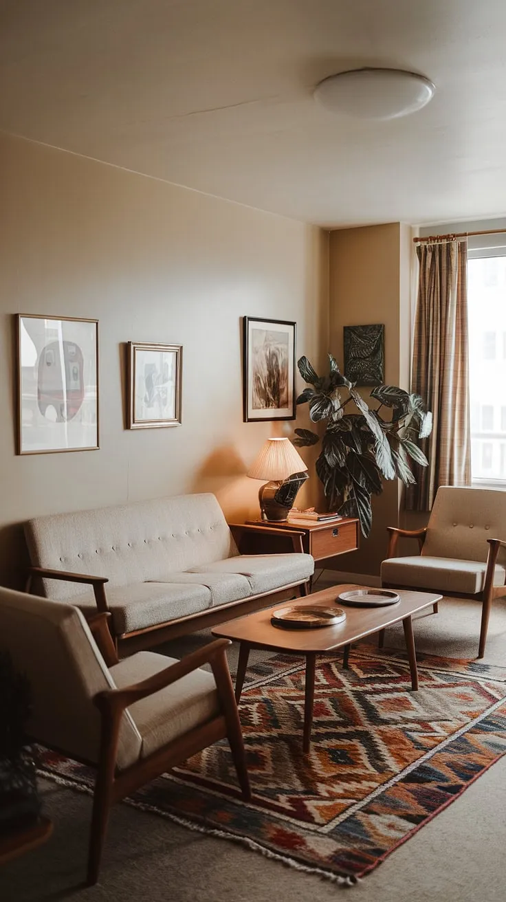 This small apartment living room perfectly captures the essence of 1970s interior design. The mid-century modern furniture, including the comfortable beige sofa and armchairs, is arranged to maximize space in this retro living room. A touch of greenery and warm lighting enhance the cozy atmosphere of this small space interior design, showcasing the best of 70s living room style.