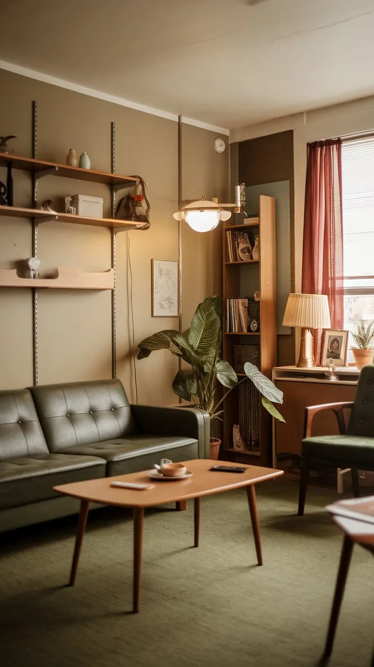 Cozy 70s vibes in this small apartment living room. Mid-century modern meets retro in a perfectly curated small space interior design.