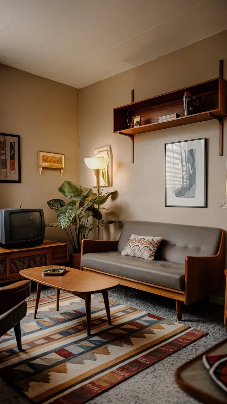 Mid-century modern meets 70s living room in this perfectly curated small apartment living room. A testament to small space interior design and the enduring appeal of retro style.