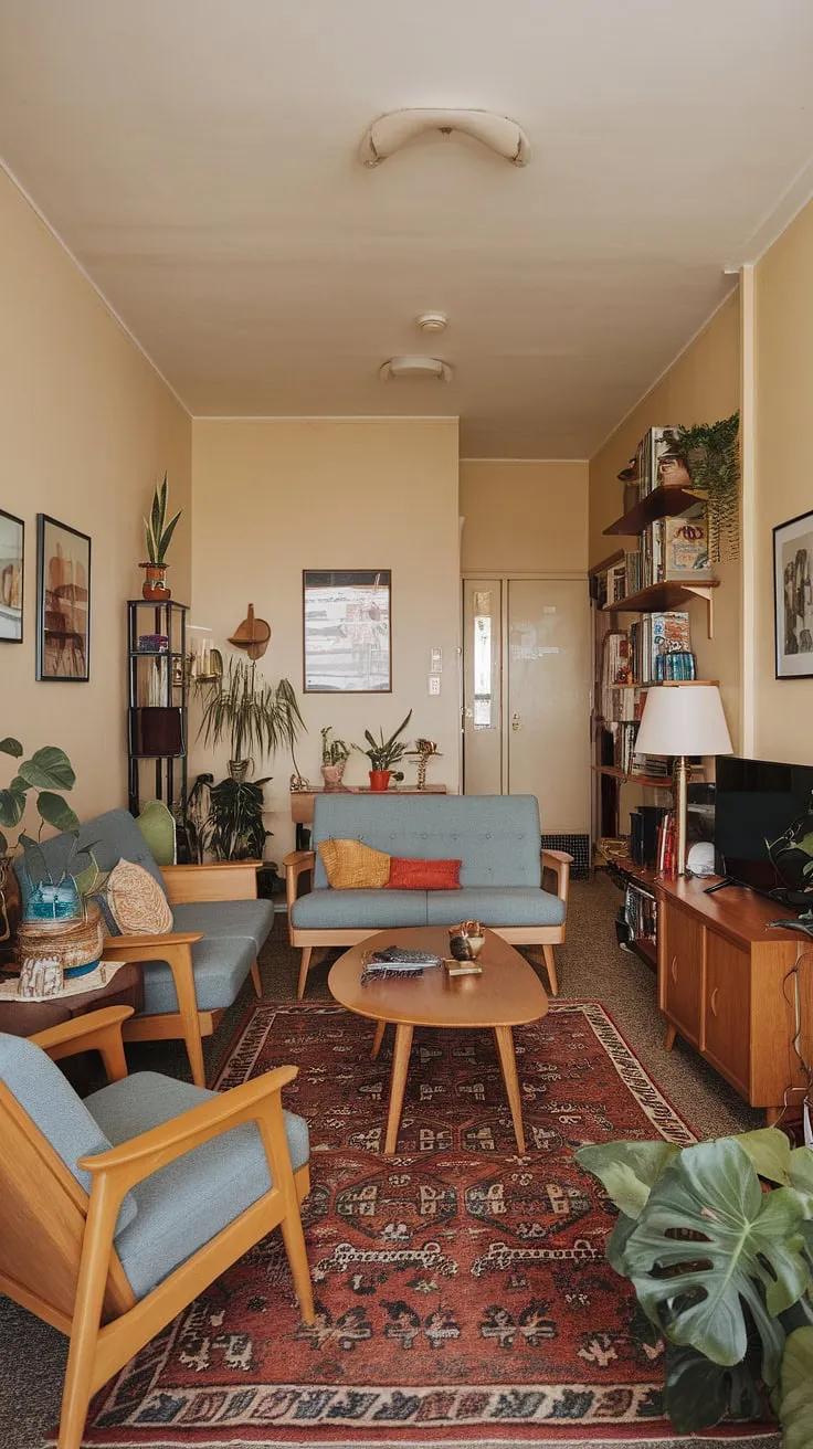 This small apartment living room perfectly captures the spirit of 1970s interior design. The mid-century modern furniture, including a plush sofa and comfortable armchair, creates a cozy and inviting atmosphere within the small space. Warm beige walls and a patterned rug complement the retro living room aesthetic, while potted plants add a touch of nature to this well-organized 70s living room. A testament to clever small space interior design.