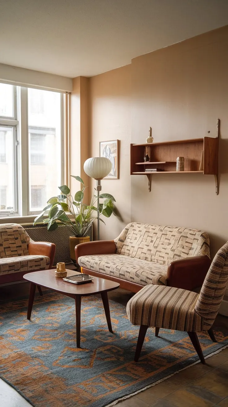 This cozy retro living room in a small apartment perfectly embodies 1970s interior design. The mid-century modern furniture, featuring a warm palette of beige and brown, creates a welcoming atmosphere. Clever small space interior design maximizes the limited area, while the vintage rug and potted plant add pops of color and texture to this 70s living room. A testament to how a small apartment can embrace a stylish and functional mid century modern living room.
